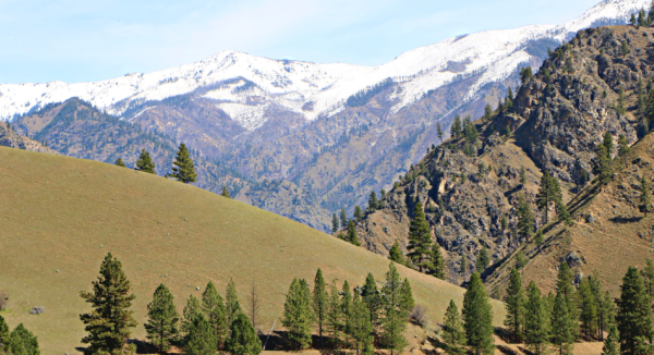 Snow on the high ridge above timbered slopes at Sisters Ranch.